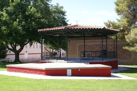 The gazebo bandstand at the Bicentennial Park, on a clear and sunny day. 